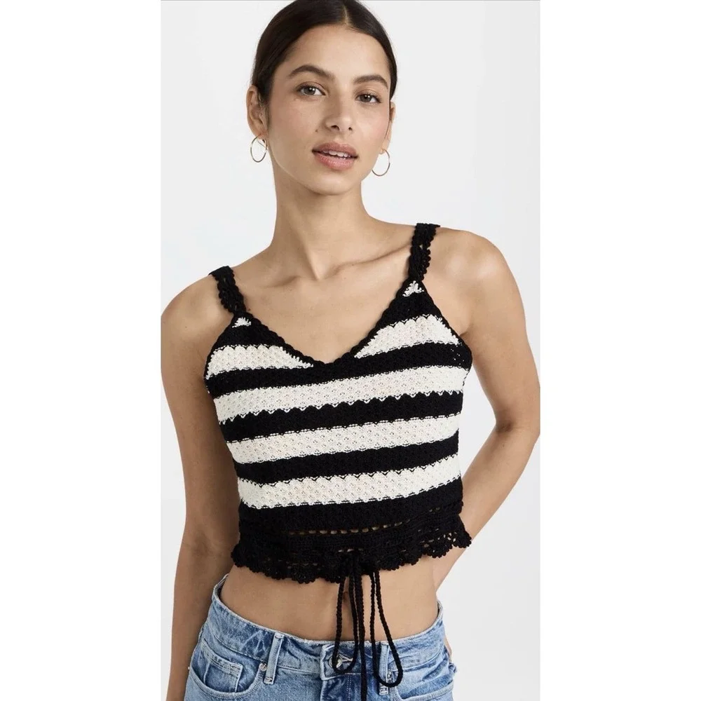 BB DAKOTA Cropped Canary Island Crochet Top Black White Striped L Festival Beach